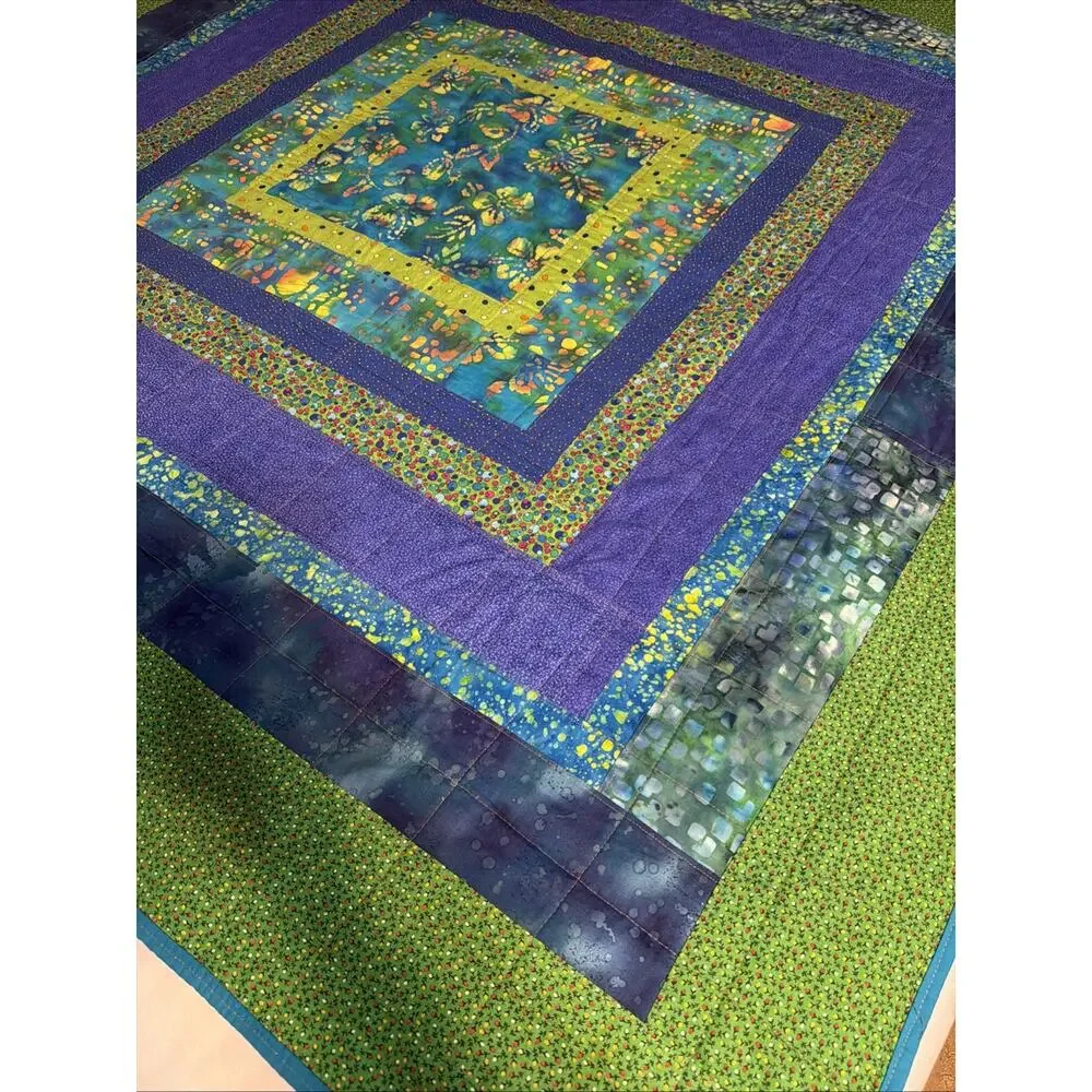 New Batik Lap Quilt Throw Blanket Handmade Machine Stitched Blue Green 58x58”